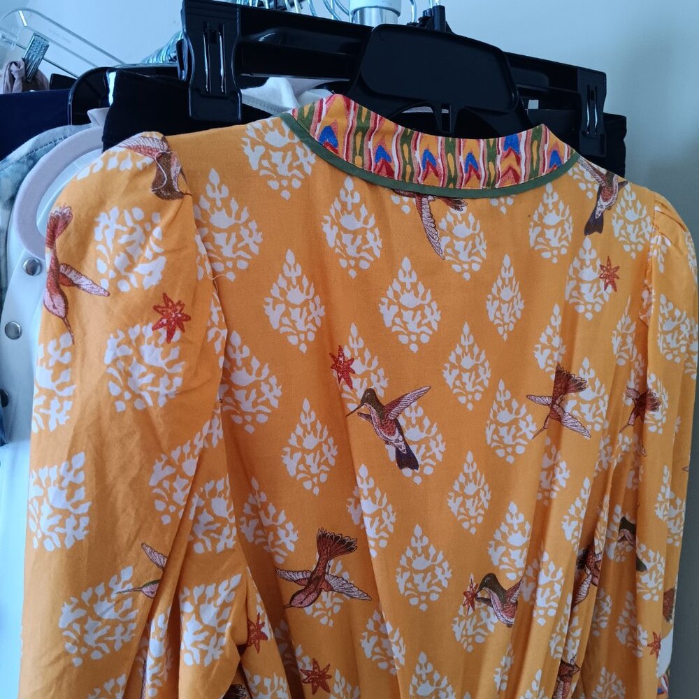 NWT Birds Flowers Alligators Cotton Maxi Sunflower Yellow Long Sleeve Dress - Picture 9 of 15